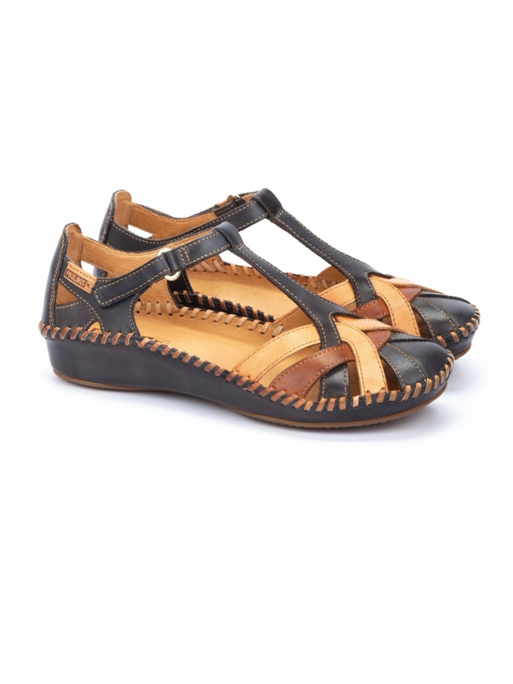 Pikolinos P Vallarta Navy Brown Leather T-Strap Semi Closed Toe Sandals EU 39